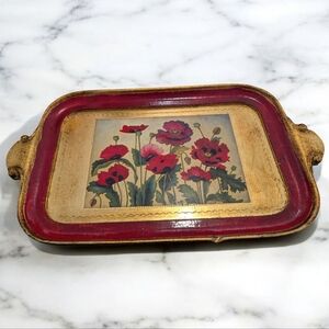 Vintage Italian Florentine Floral Poppy Serving Tray with Red and Gold Accents